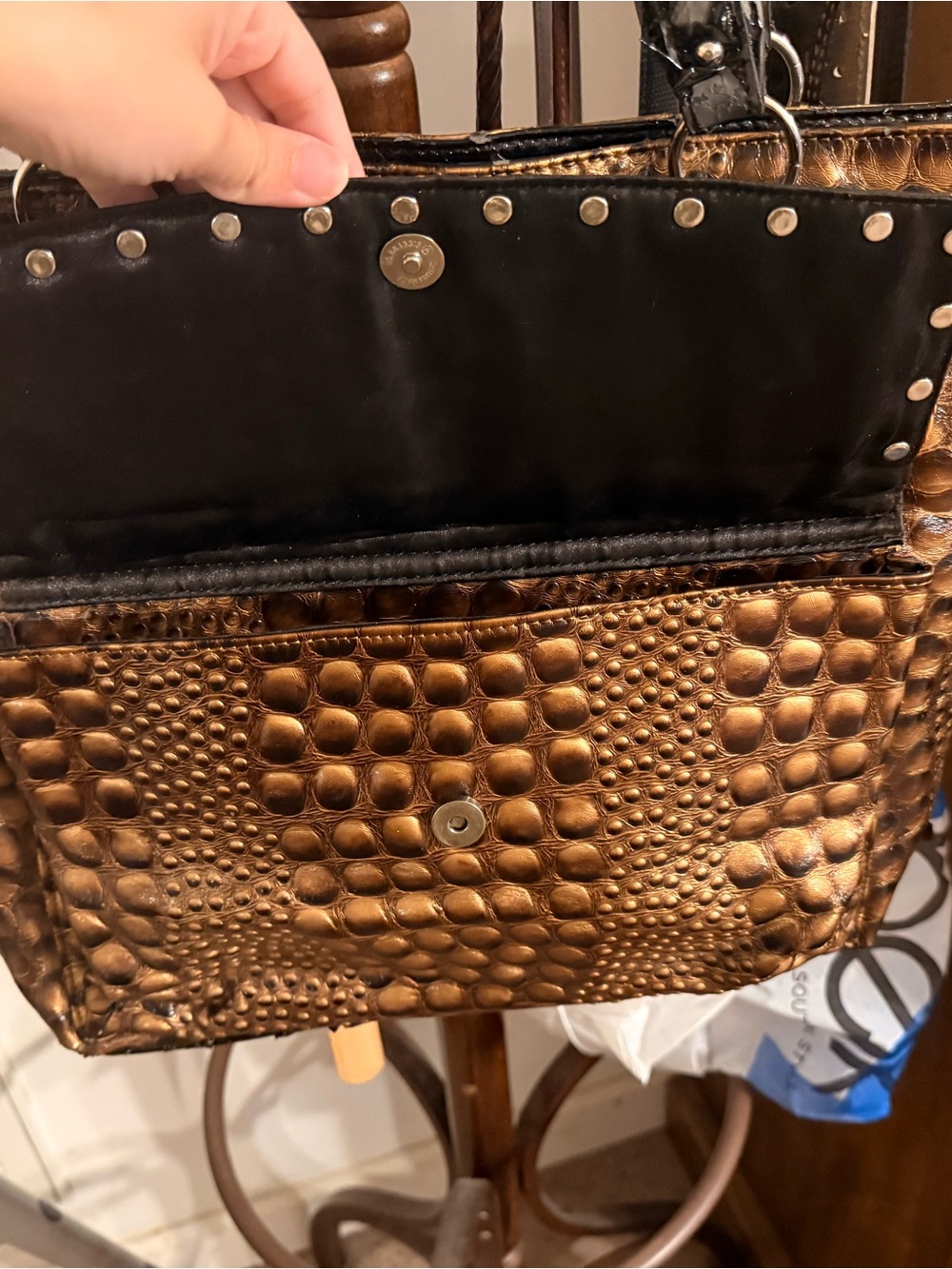 Textured Metallic Bronze Tote Bag with Stud Accents - Picture 2 of 10